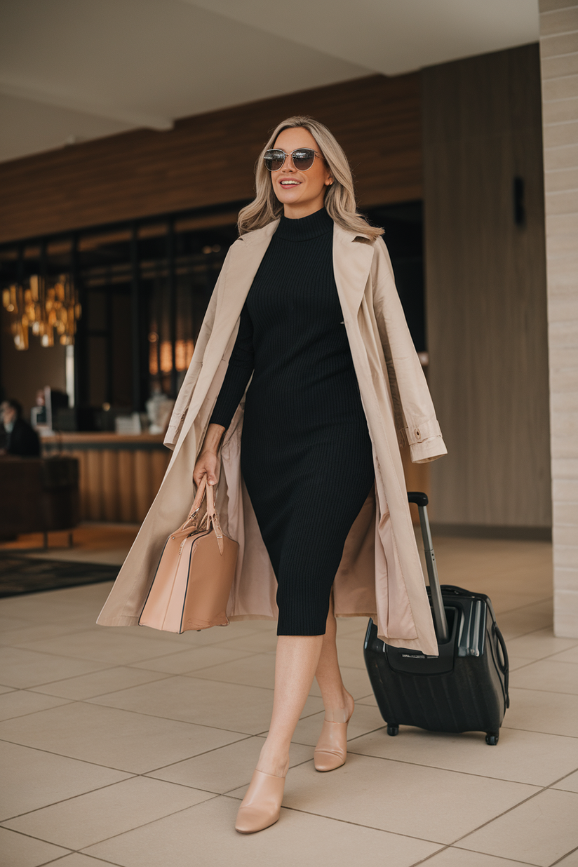 A black knit dress layered with a trench coat, styled with nude leather mules.