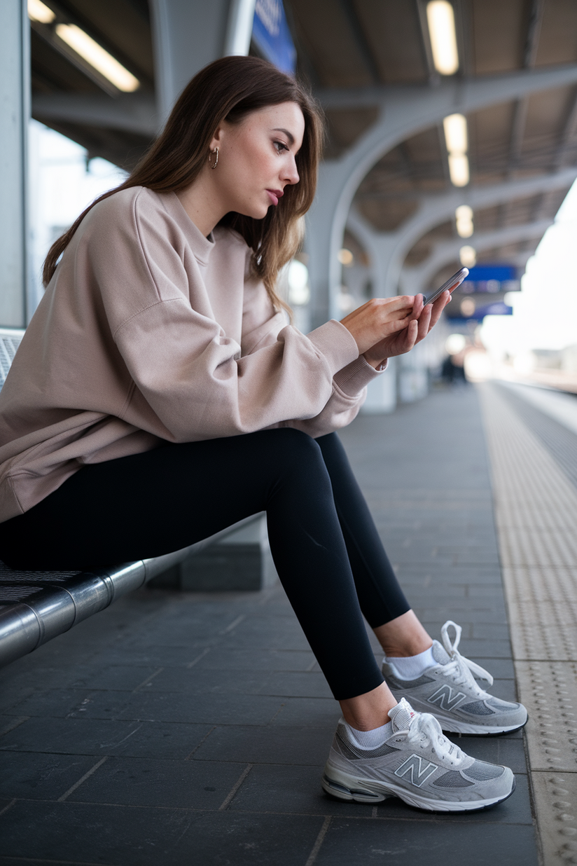 An oversized beige sweatshirt paired with black leggings and gray New Balance sneakers.