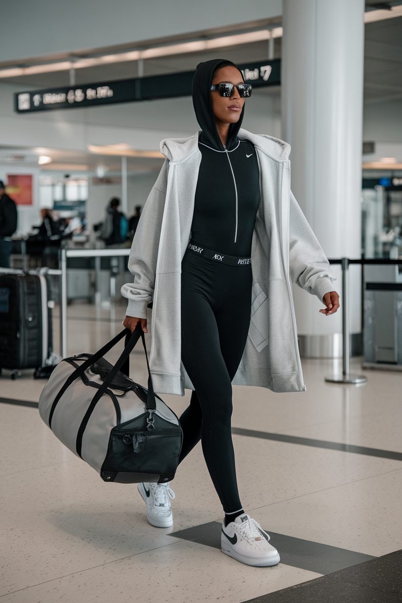 A fitted black bodysuit styled with an oversized hoodie and white Nike sneakers.