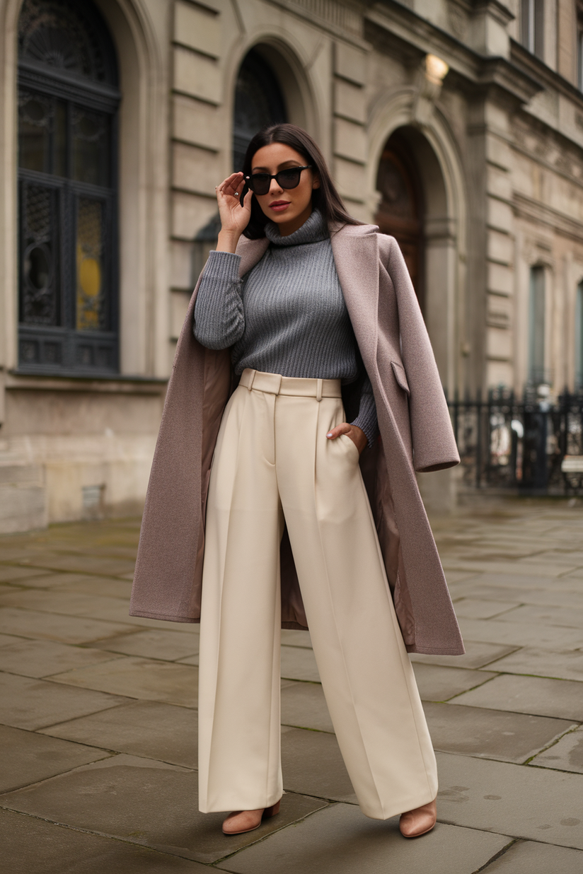 Wide-leg cream trousers styled with a turtleneck sweater and a wool coat.