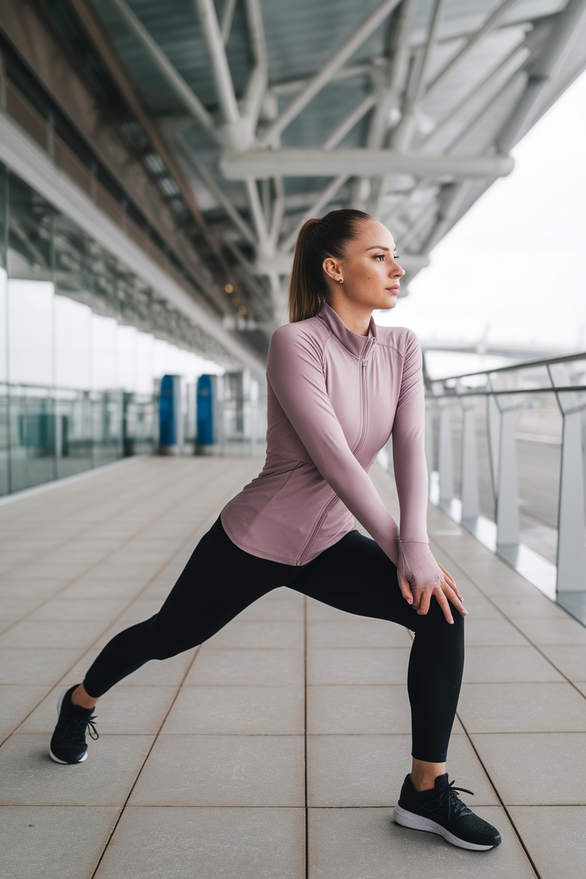 A sporty zip-up jacket over leggings, styled with black running shoes.