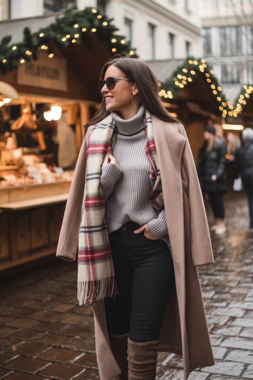 A long wool coat layered over a turtleneck sweater and black jeans, styled with a plaid scarf.