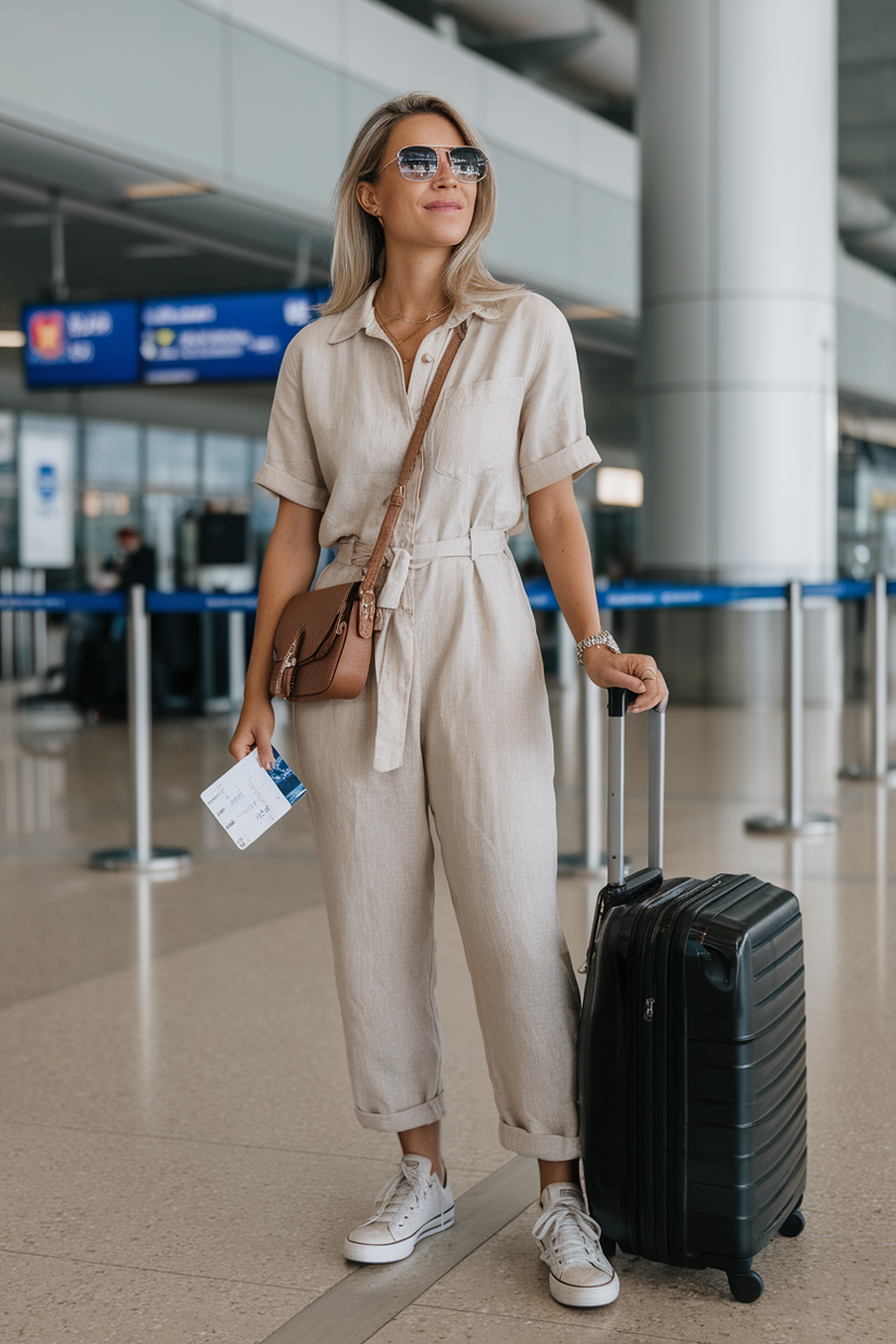 A beige linen jumpsuit styled with white sneakers and a crossbody bag.