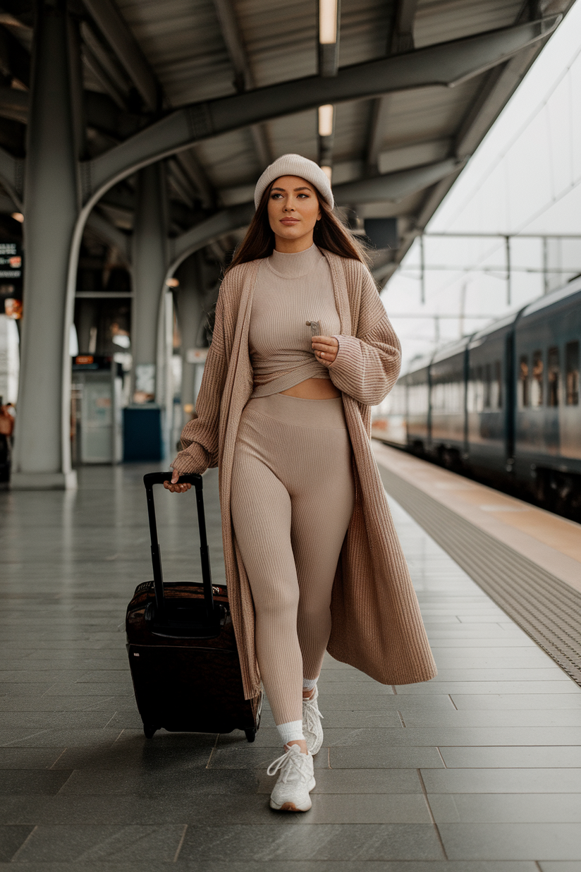 A beige knit set styled with a long cardigan and white tennis shoes.