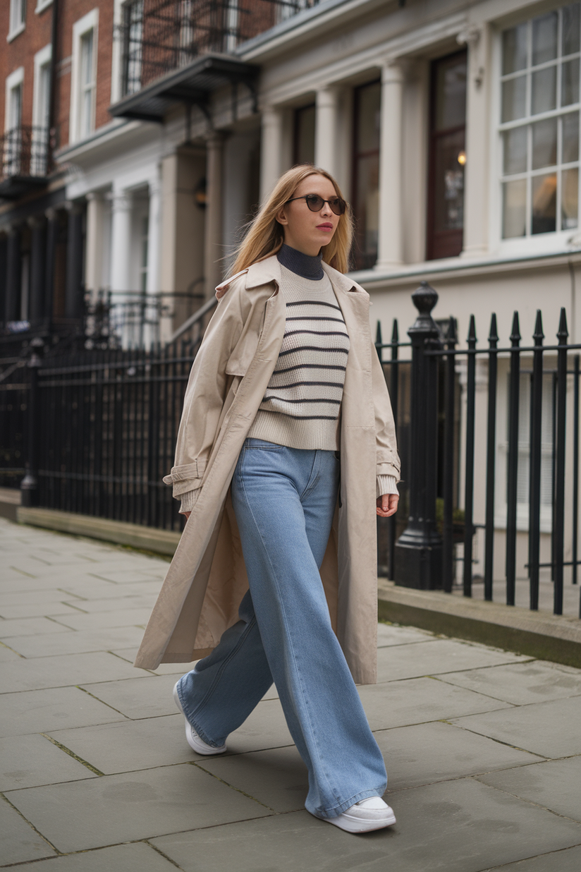 A beige trench coat styled with a striped sweater, wide-leg jeans, and white sneakers.