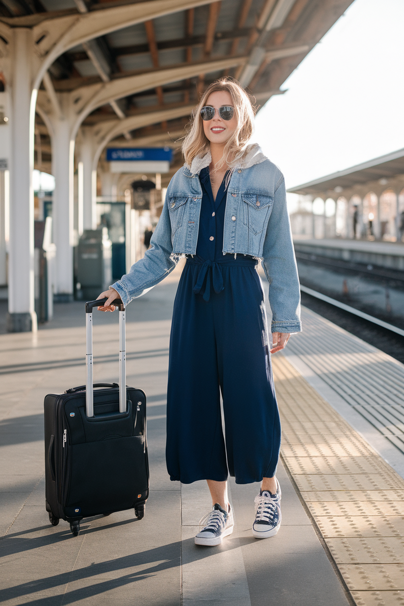 A navy blue jumpsuit layered with a denim jacket, styled with white sneakers.