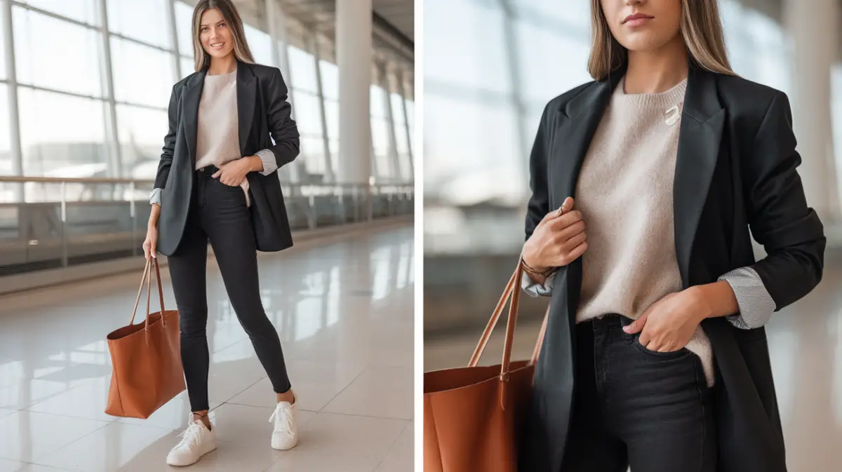 A woman in black skinny jeans, a beige sweater, and a black blazer, styled with white sneakers.