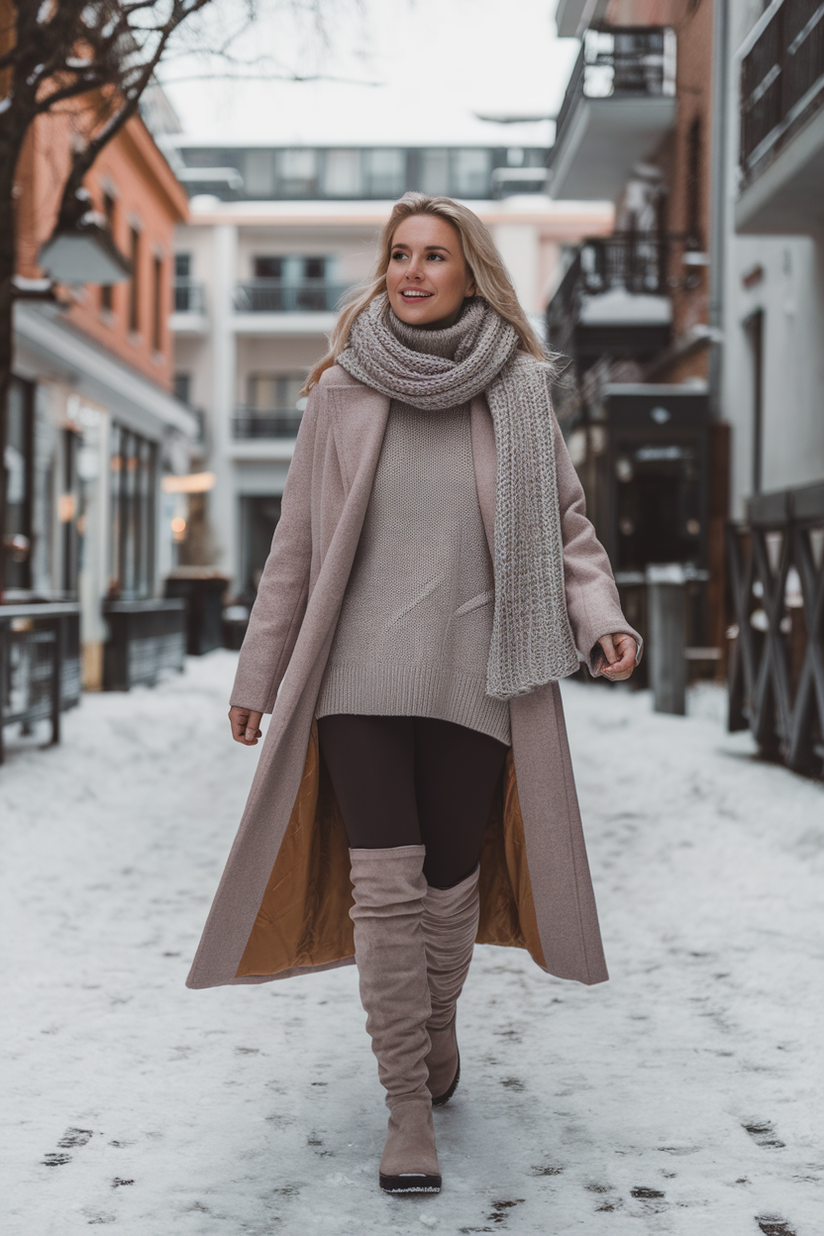 A wool coat layered over a turtleneck sweater and leggings, styled with knee-high boots.