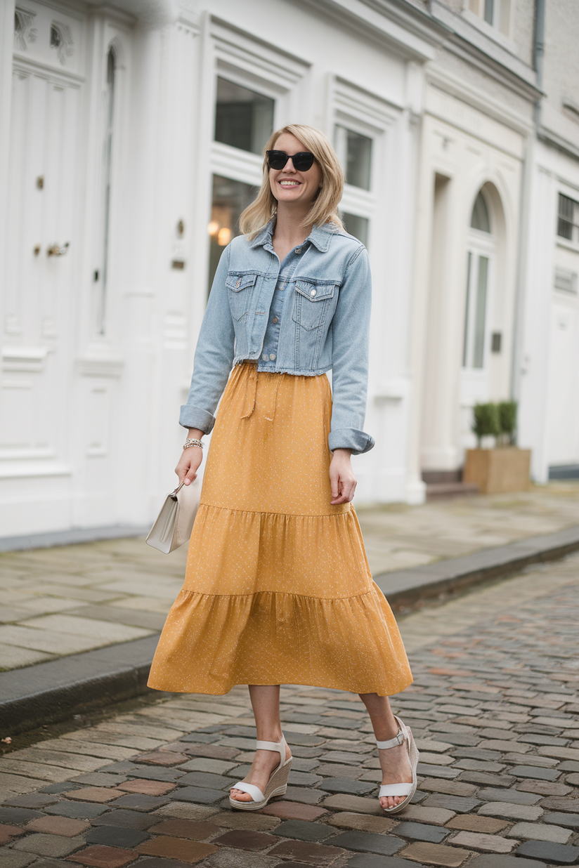 A ruffled yellow sundress with a tiered skirt, styled with a cropped blue denim jacket.