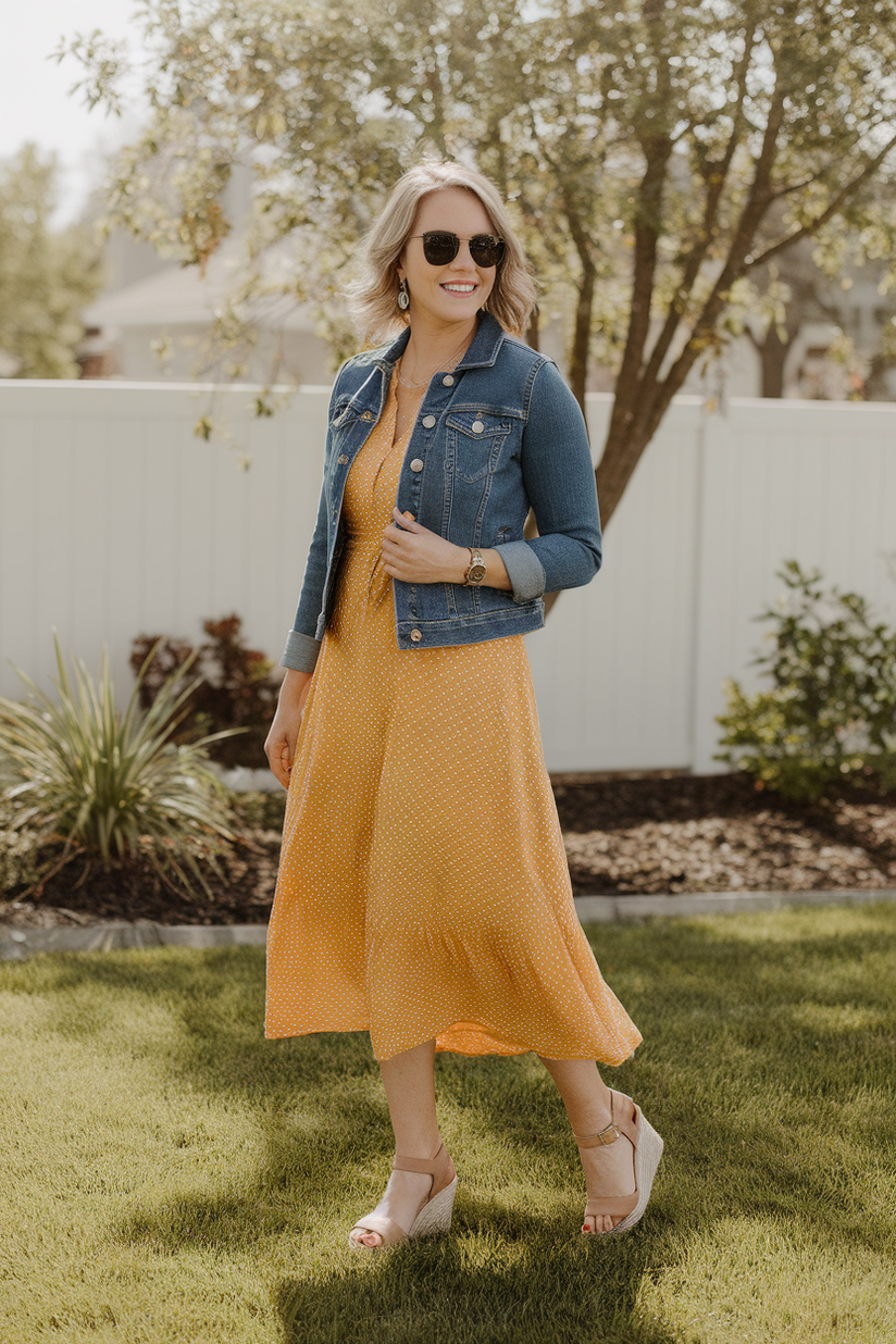 A yellow midi dress paired with a fitted blue denim jacket.