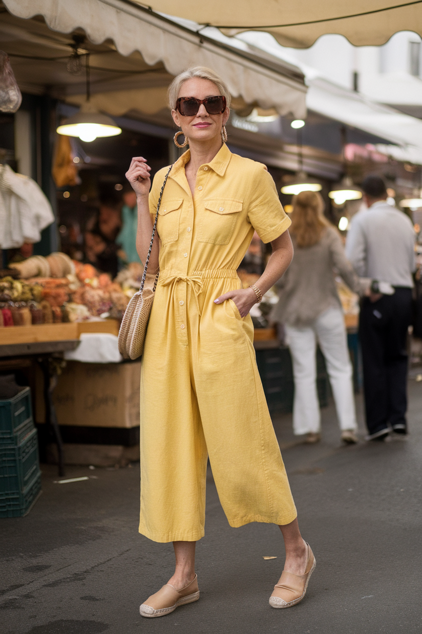 A bright yellow jumpsuit styled with beige espadrilles and sunglasses.