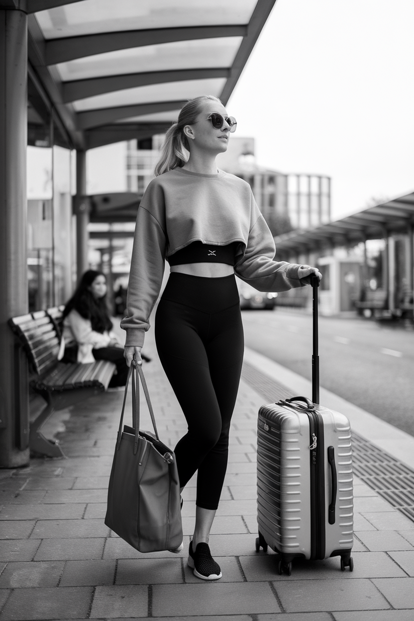 High-waisted black yoga pants styled with a cropped sweatshirt and slip-on sneakers.