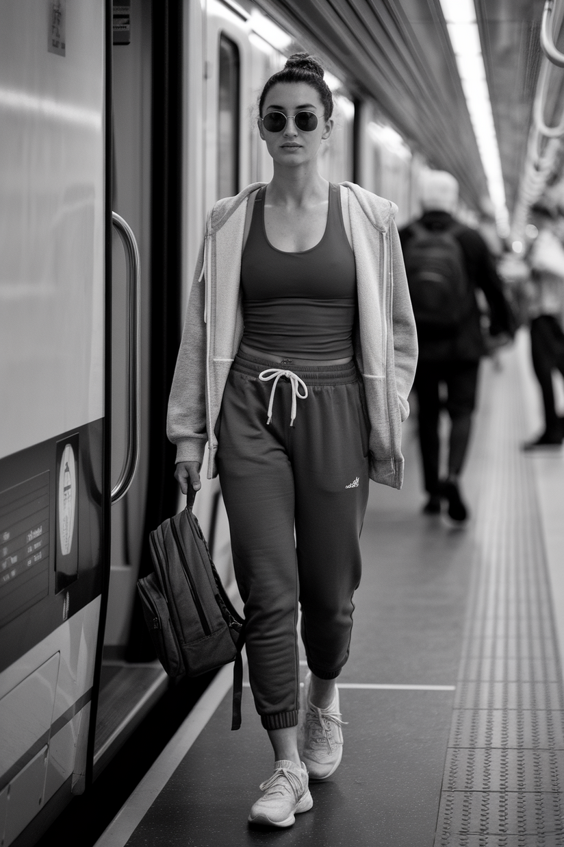 A gray zip-up hoodie layered over a black tank top, styled with joggers and white sneakers.