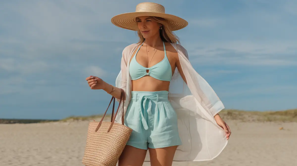 A woman in a pastel blue bikini top, linen shorts, and a sheer white cover-up on the beach.