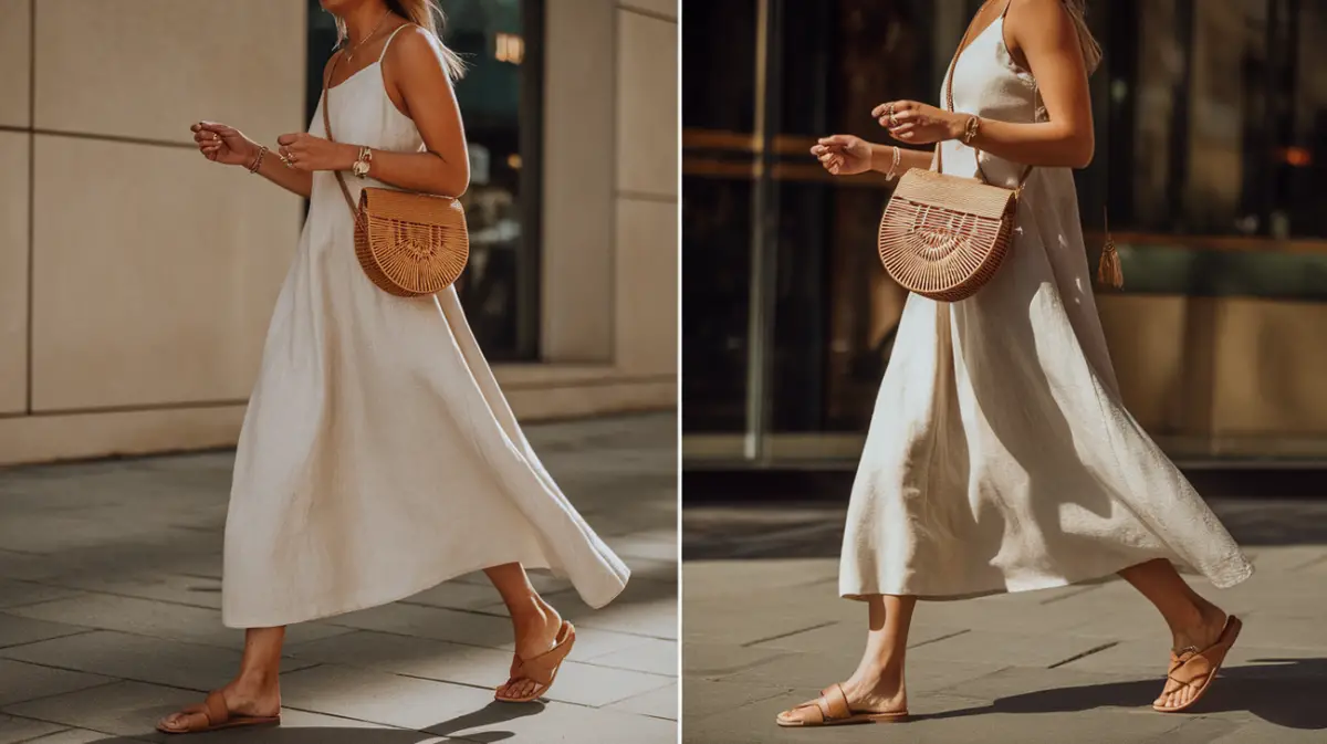 A woman in a white linen sundress, tan sandals, and a woven crossbody bag.