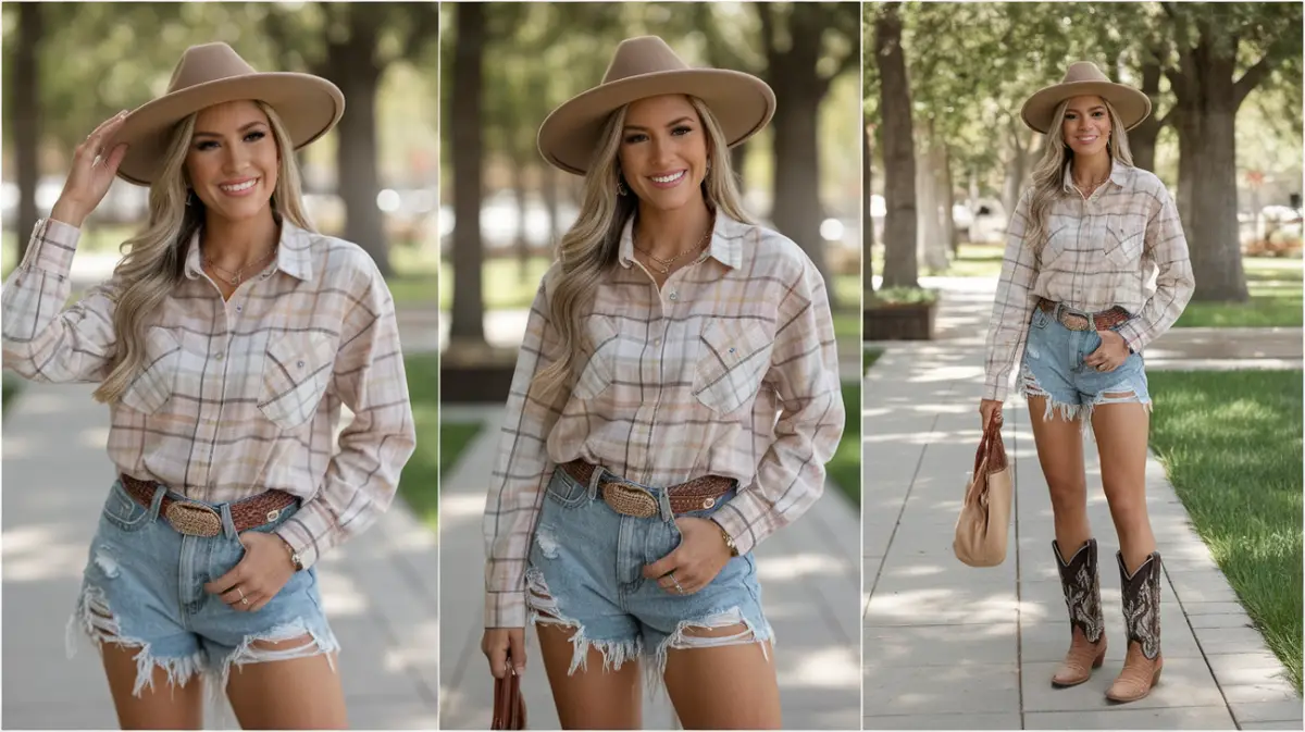 A woman in a plaid button-up, distressed denim shorts, and cowboy boots with a felt hat.