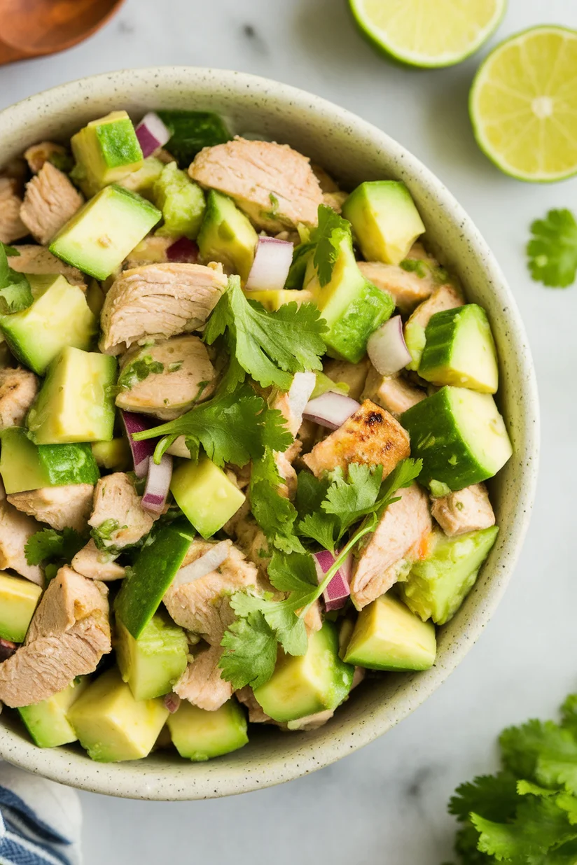 Avocado chicken salad with cucumber and lime vinaigrette on a white marble kitchen countertop.