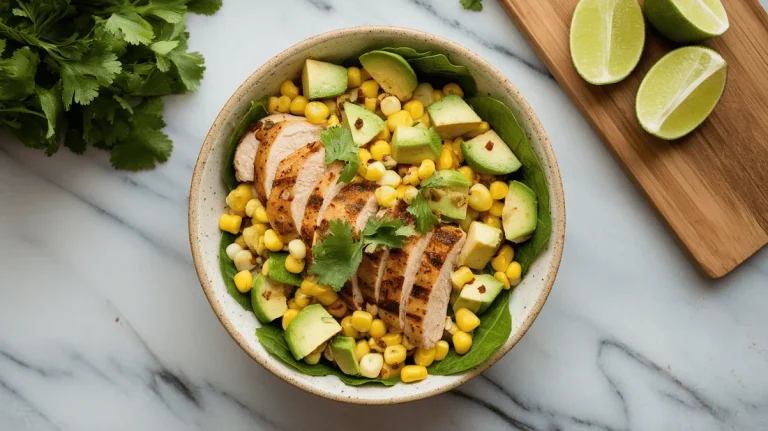 avocado corn chicken salad with grilled chicken and fresh avocado on white marble