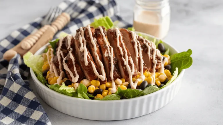 BBQ ranch chicken salad with glazed chicken and creamy ranch on white countertop