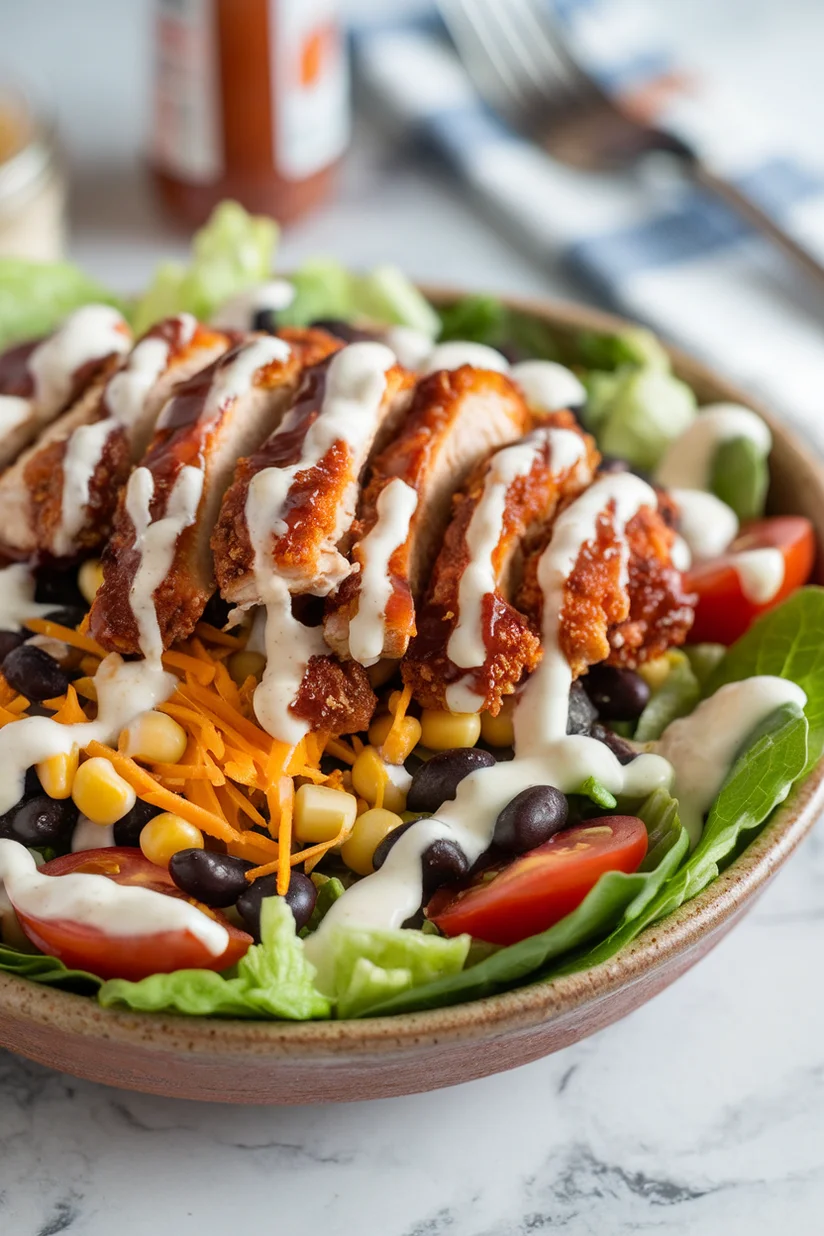 BBQ ranch chicken salad with crispy chicken, corn, and cheddar on a white marble countertop.