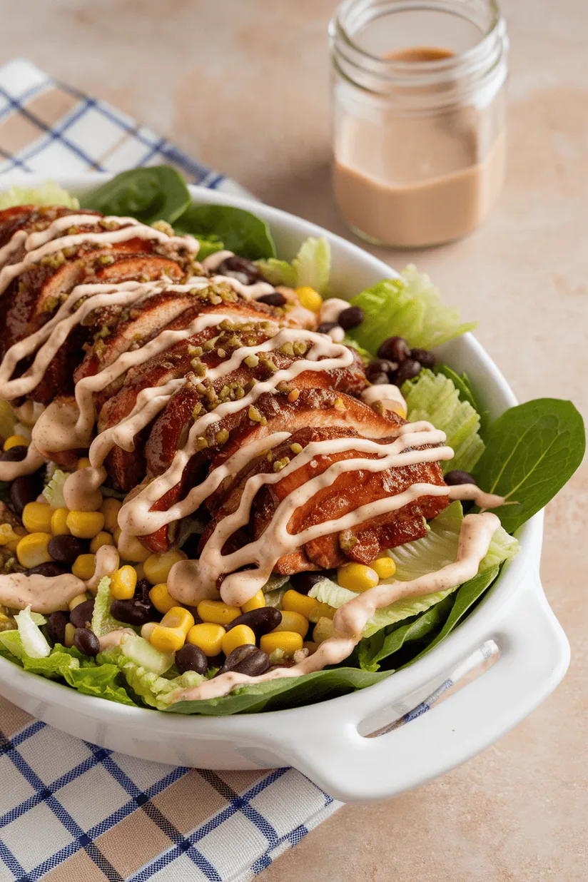 BBQ ranch chicken salad with glazed chicken and creamy ranch on white countertop