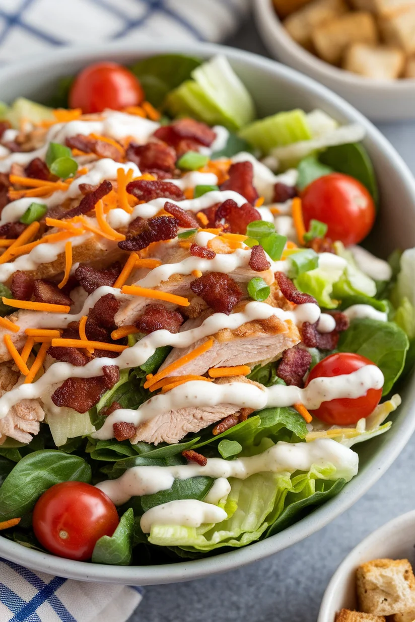 Bacon ranch chicken salad with romaine, cheddar, and grilled chicken on a white marble kitchen surface.