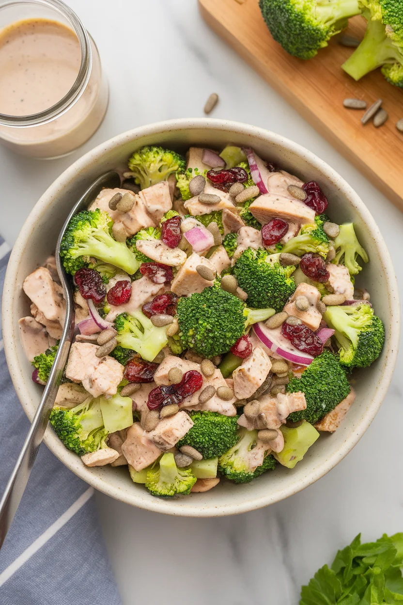 Broccoli chicken salad with cranberries and sunflower seeds on a modern white marble countertop.