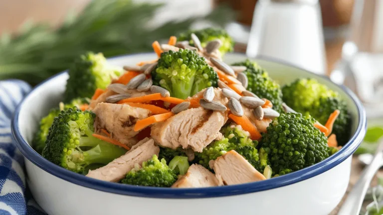 broccoli chicken salad with fresh broccoli and grilled chicken in white enamel bowl