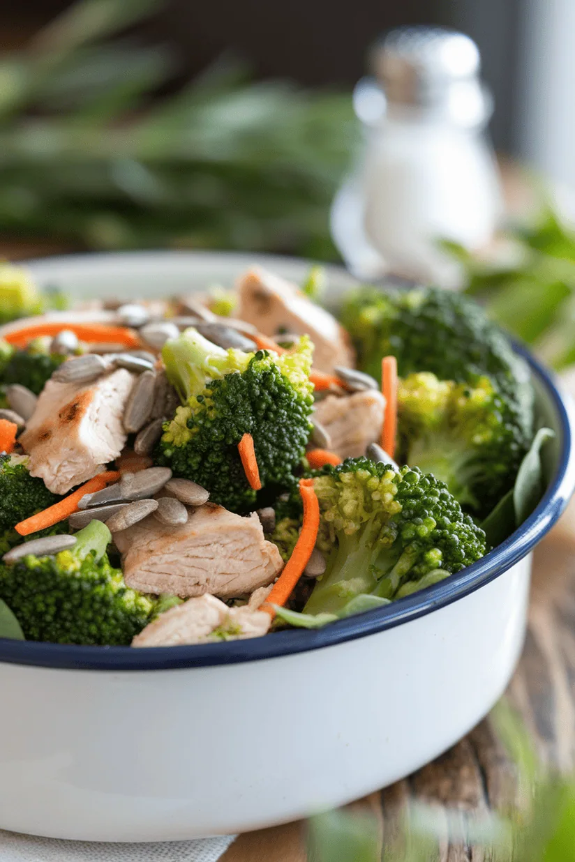 broccoli chicken salad with fresh broccoli and grilled chicken in white enamel bowl