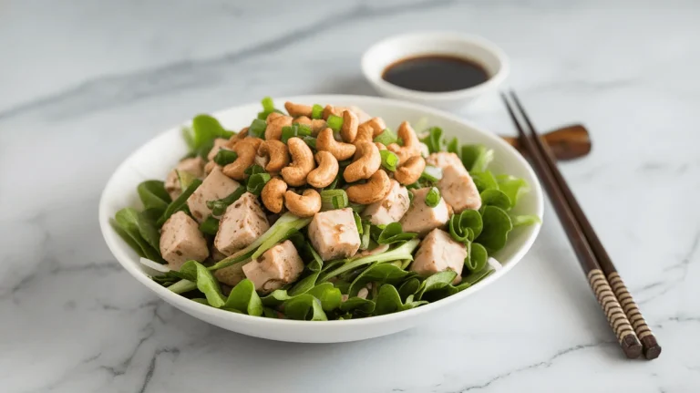 cashew chicken salad with roasted cashews and green onions on modern kitchen surface
