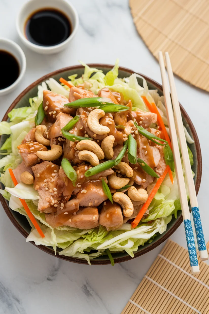 Cashew chicken salad with cabbage and carrots in a soy-ginger glaze, styled on a marble kitchen counter.