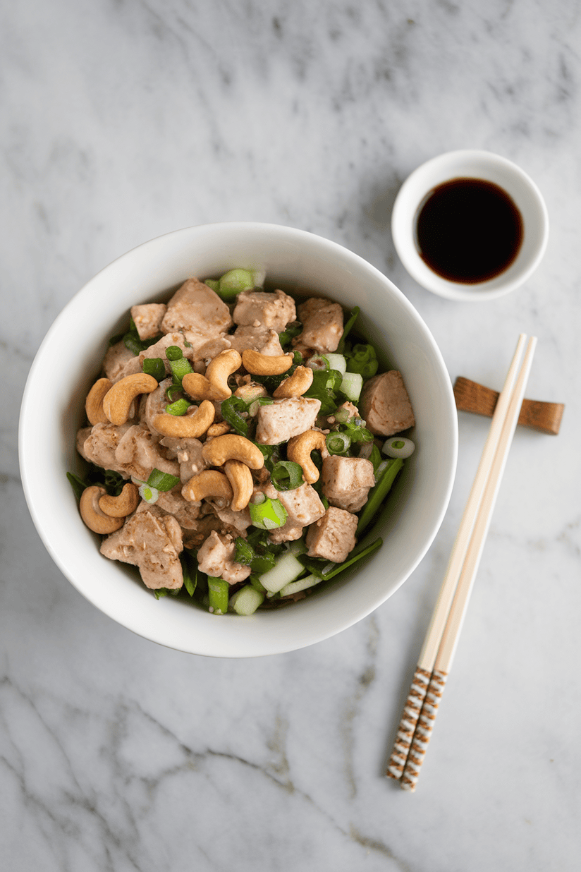 cashew chicken salad with roasted cashews and green onions on modern kitchen surface