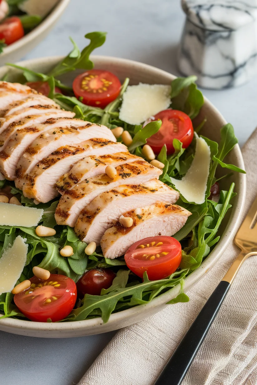 Chicken arugula salad with parmesan and pine nuts on a white marble surface.