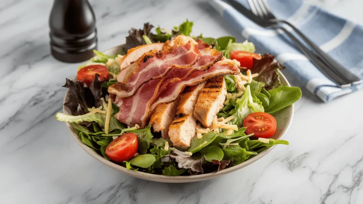 chicken bacon salad with crispy bacon and mixed greens on modern marble kitchen surface