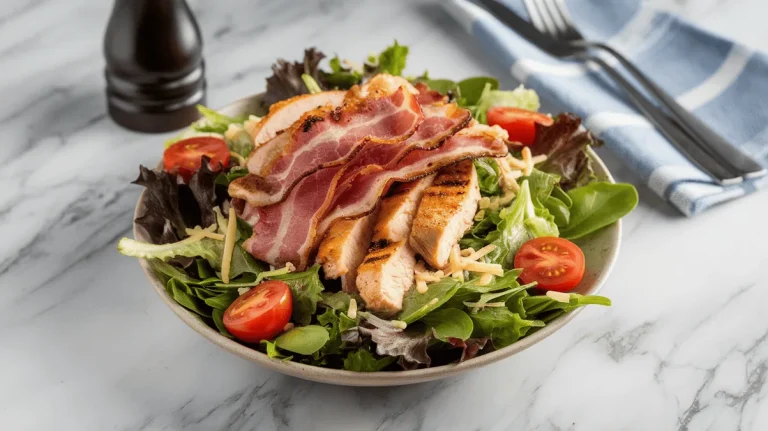 chicken bacon salad with crispy bacon and mixed greens on modern marble kitchen surface
