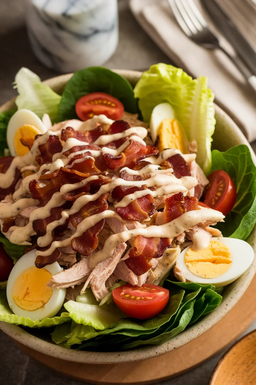Chicken bacon salad with romaine, cherry tomatoes, and ranch on a white marble surface.