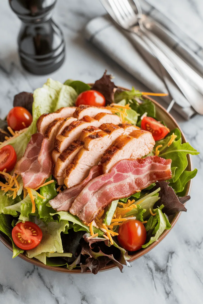 chicken bacon salad with crispy bacon and mixed greens on modern marble kitchen surface