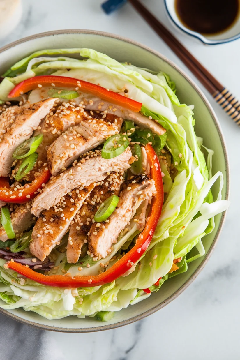 Chicken cabbage salad with bell pepper and sesame dressing on a white marble kitchen countertop.