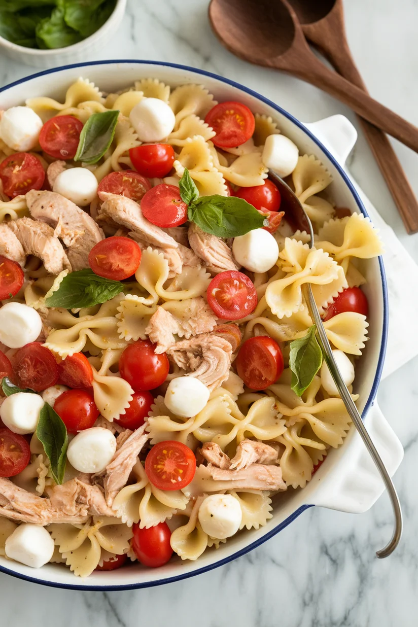 Chicken Caprese pasta salad with cherry tomatoes and basil on a white marble countertop.