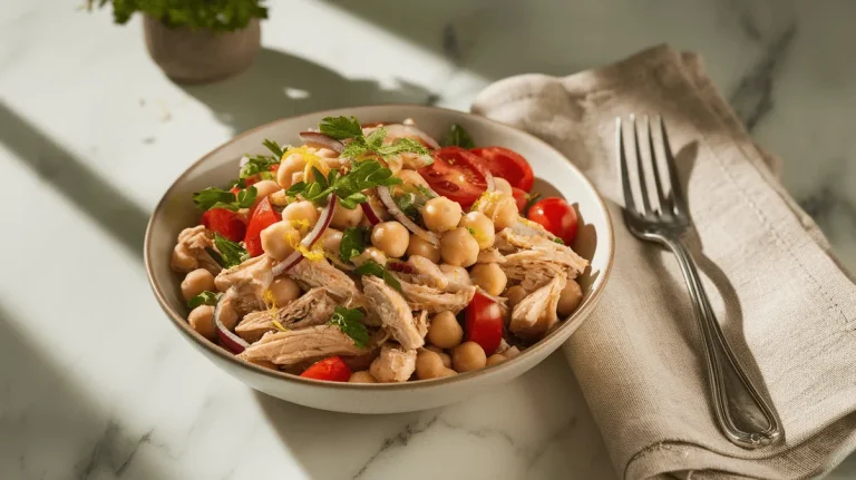 chicken chickpea salad with shredded chicken and chickpeas on white marble counter