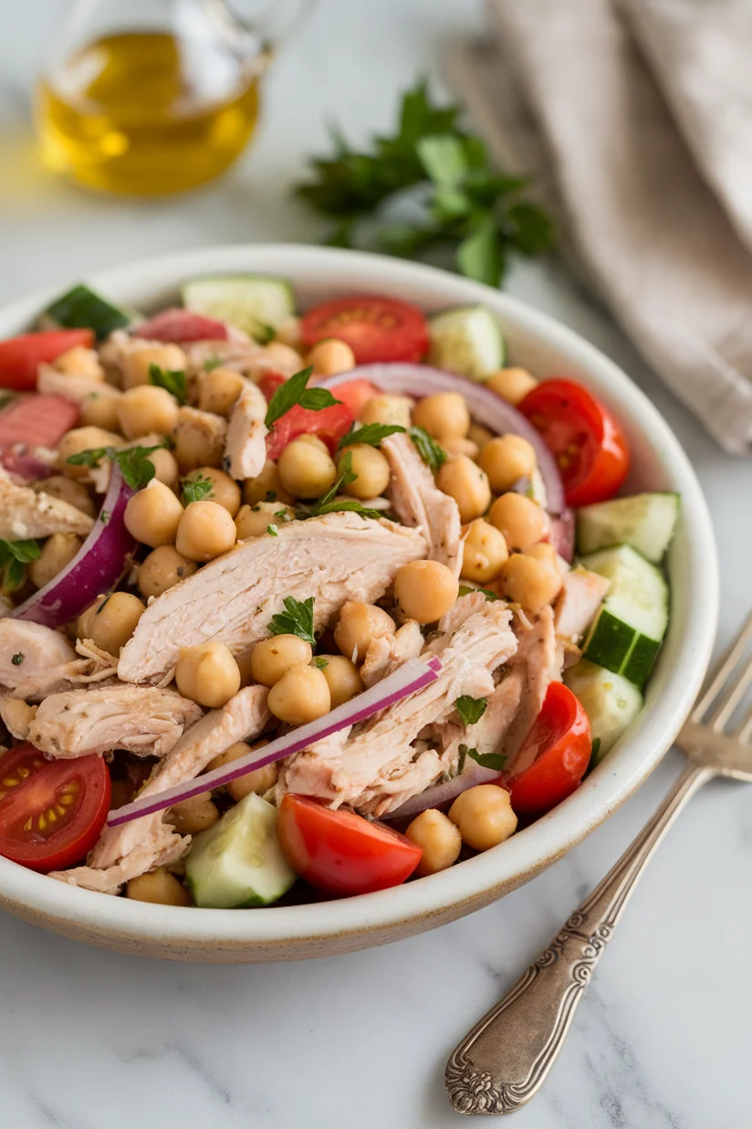 Chicken chickpea salad with tomatoes and cucumbers on white marble counter in bright natural lighting.