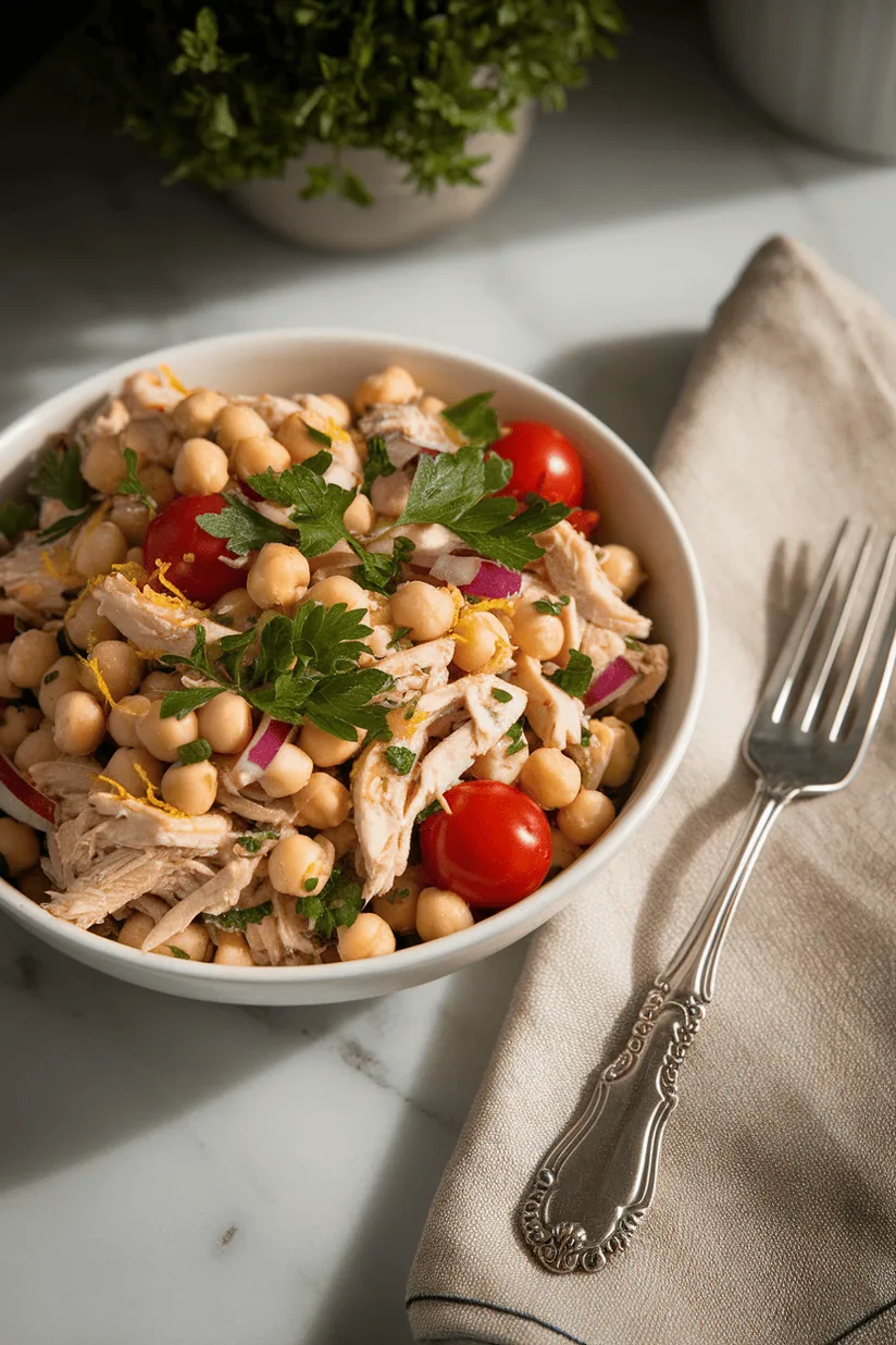 chicken chickpea salad with shredded chicken and chickpeas on white marble counter