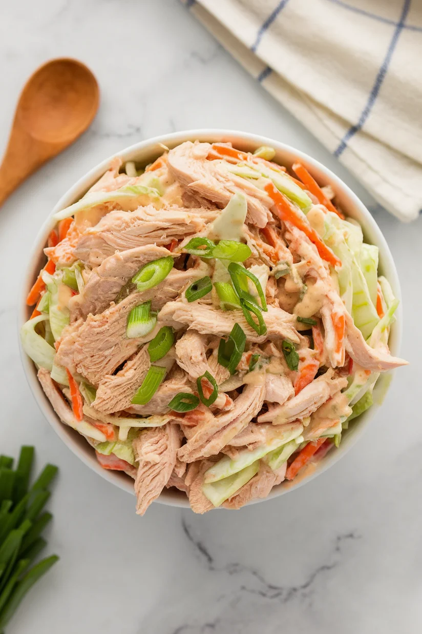 Chicken coleslaw salad with cabbage and creamy dressing on a white marble kitchen surface.