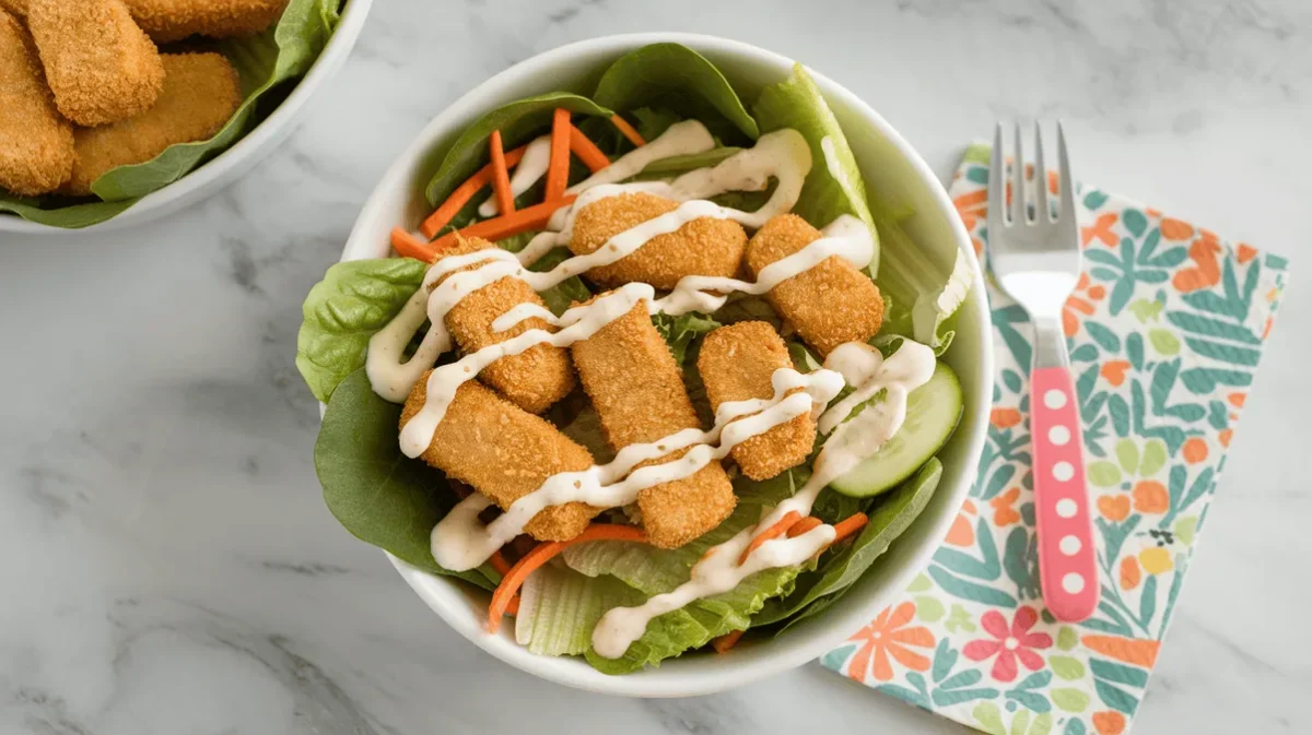 chicken nugget salad with crispy nuggets and fresh greens in a white bowl