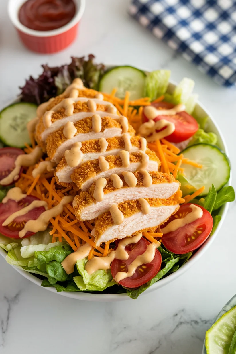 Chicken nugget salad with romaine, cheddar, and honey mustard on a white marble kitchen counter.
