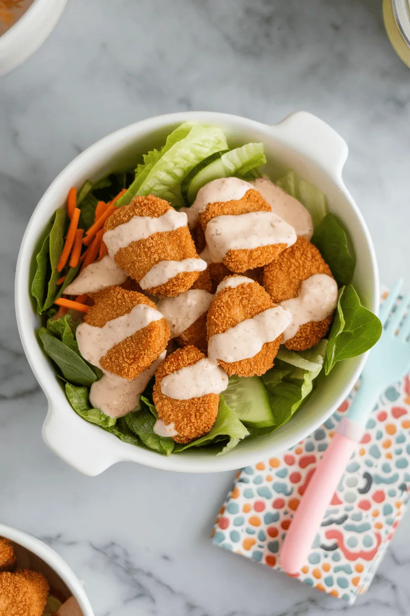 chicken nugget salad with crispy nuggets and fresh greens in a white bowl