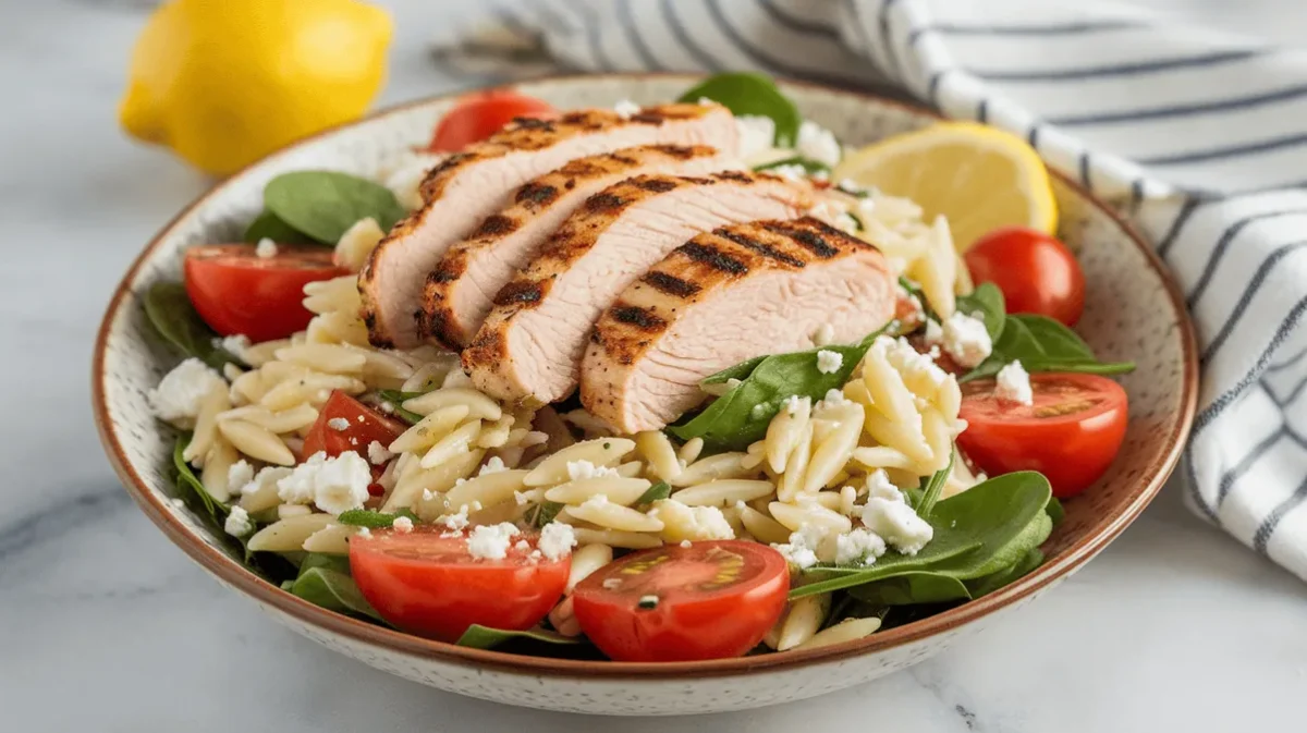 chicken orzo salad with grilled chicken and orzo pasta on a white marble countertop