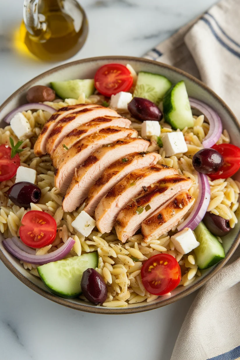 Chicken orzo salad with feta, tomatoes, and olives styled on a white marble kitchen counter.