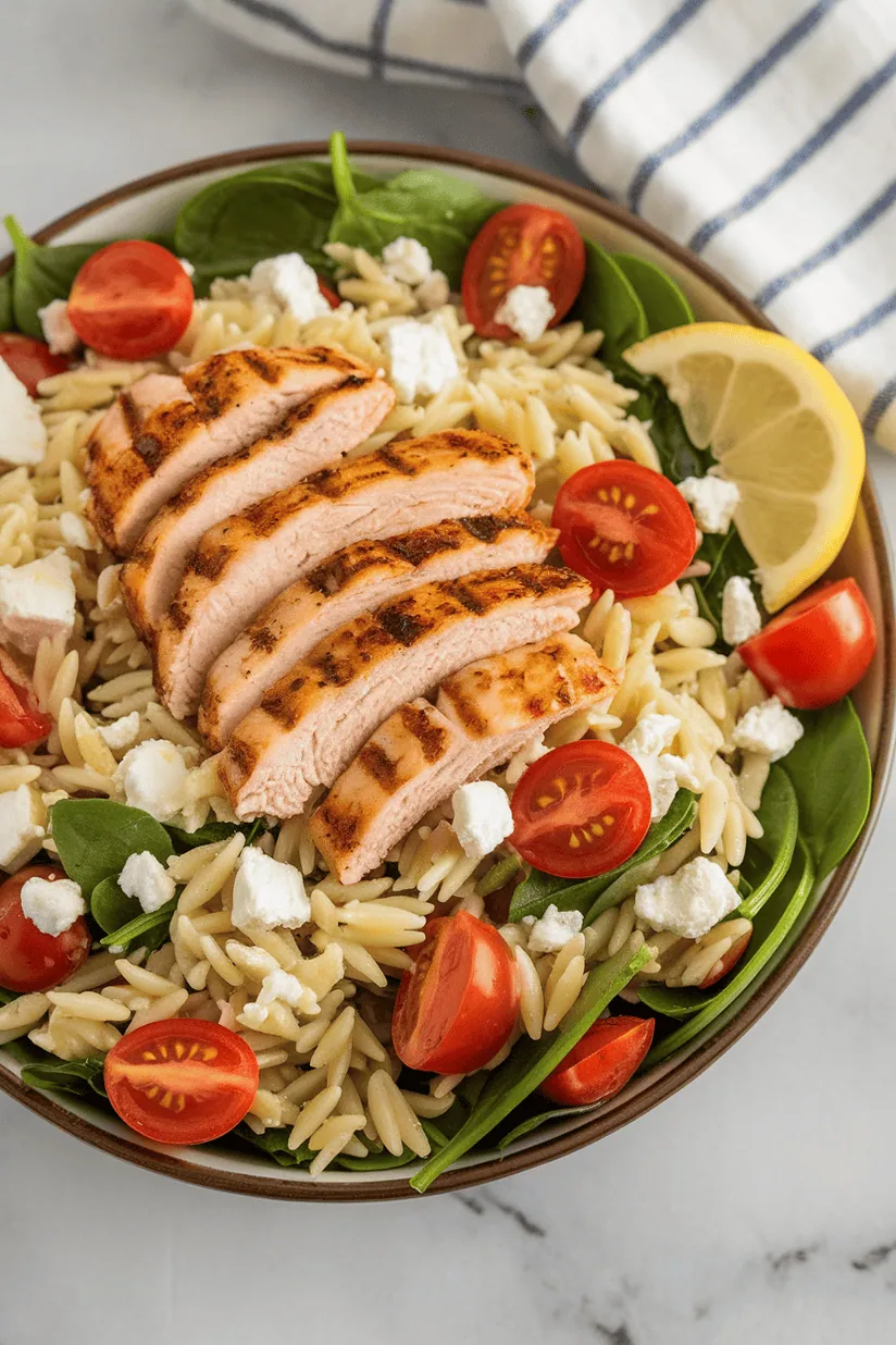 chicken orzo salad with grilled chicken and orzo pasta on a white marble countertop