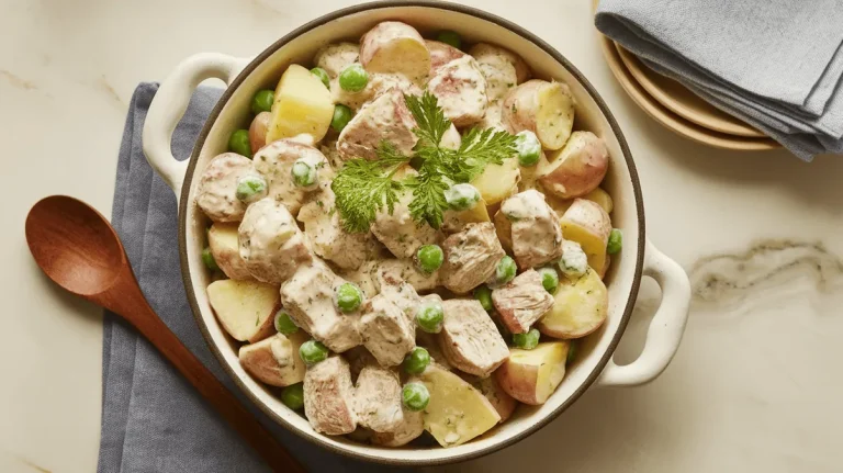 chicken potato salad with golden potatoes and creamy dressing in white kitchen setting
